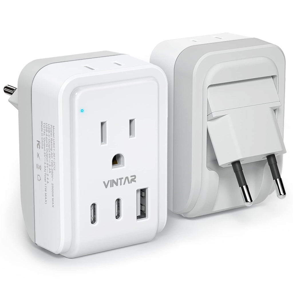 1 Pack European Travel Plug Adapter, VINTAR Foldable International Power Plug with 2 AC Outlets 3 USB Ports(2 USB C), Type C Travel Essentials Charger for Canada to Most of Europe Italy Spain France