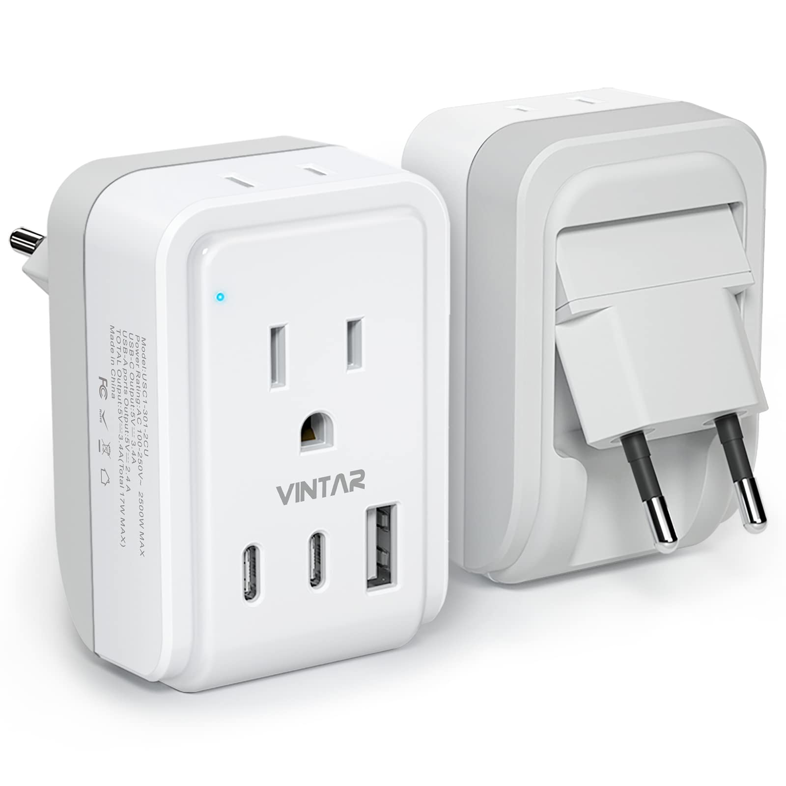 1 Pack European Travel Plug Adapter, VINTAR Foldable International Power Plug with 2 AC Outlets 3 USB Ports(2 USB C), Type C Travel Essentials Charger for Canada to Most of Europe Italy Spain France