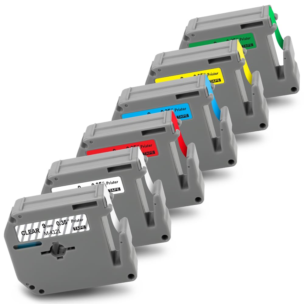 Pristar Compatible for Brother Tape M-K221 MK121 MK421 MK521 MK621 MK721 9mm 0.35" Black on Clear/White/Red/Blue/Yellow/Green for Brother P-Touch PT-90 PTM95 PT-70SR PT-80 PT70BM PT-65 PT85, 6-Pack