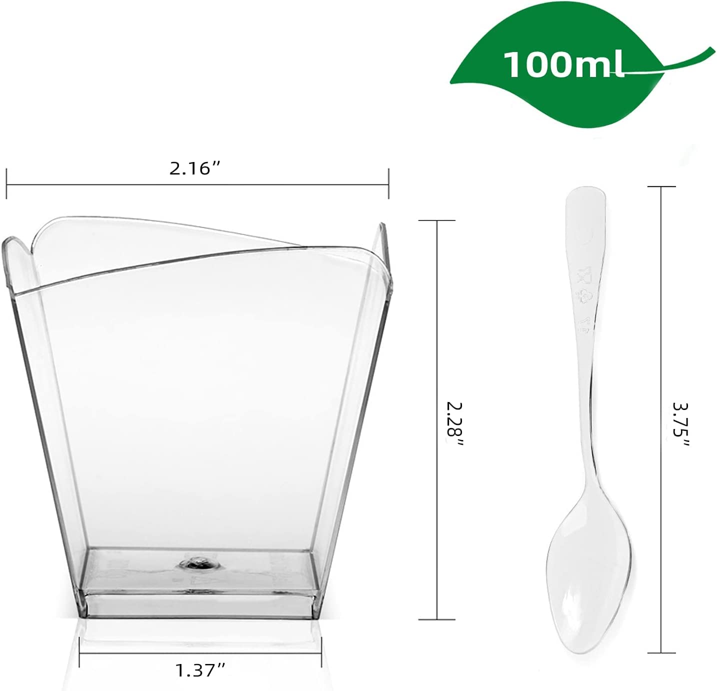 PLAZOTTA 100 Pack 3.5 oz Clear Plastic Dessert Cups with 100 Tasting Spoons, Square Parfait Appetizer Cups for Party, Weddings