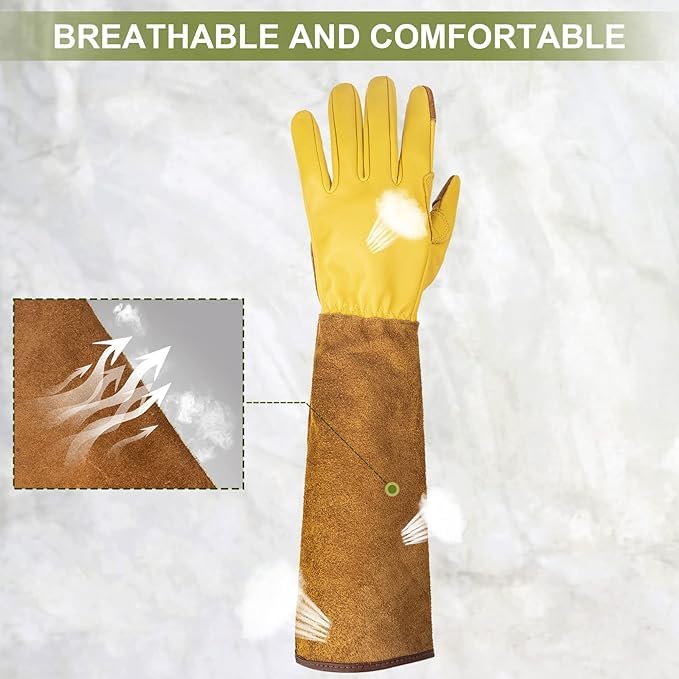 Long Gardening Gloves for Women Thorn Proof,Rose Pruning Cowhide Leather Garden Glove for Work,Cactus, Rose, Blackberry and Gifts (Yellow brown, Medium)