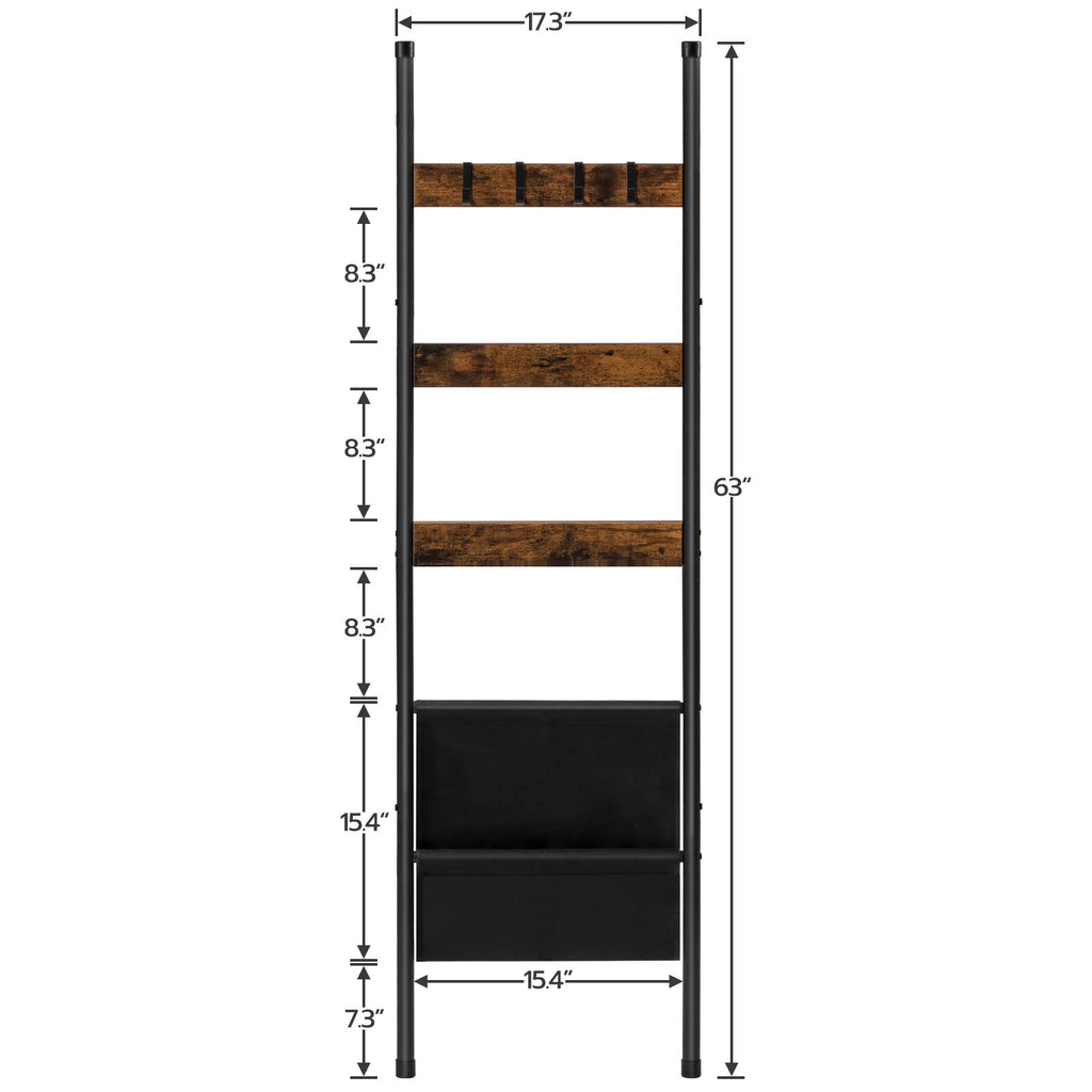 HOOBRO Blanket Ladder, 5 Tier Ladder Shelf, Wall-Leaning Blanket Rack with 4 Removable Hooks and Storage Pocket, Towel Drying and Display Rack for Bathroom, Bedroom, Rustic Brown BF32CJ01
