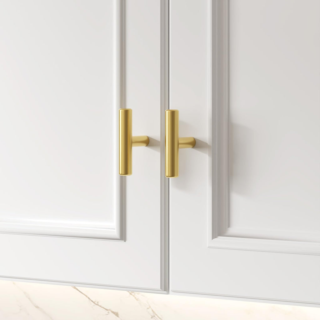 goldenwarm 15pcs Brushed Brass Single Bar Cabinet Cupboard Drawer Door Handle Pull Knob for Furniture Kitchen Hardware Overall Length 2in