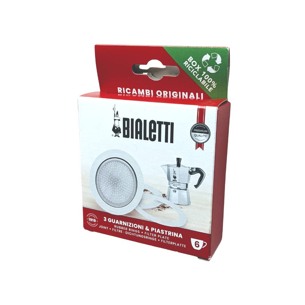 Bialetti 3 Gaskets (Rubber Rings) 1 Filter Plate Replacement for Moka 6 Cup