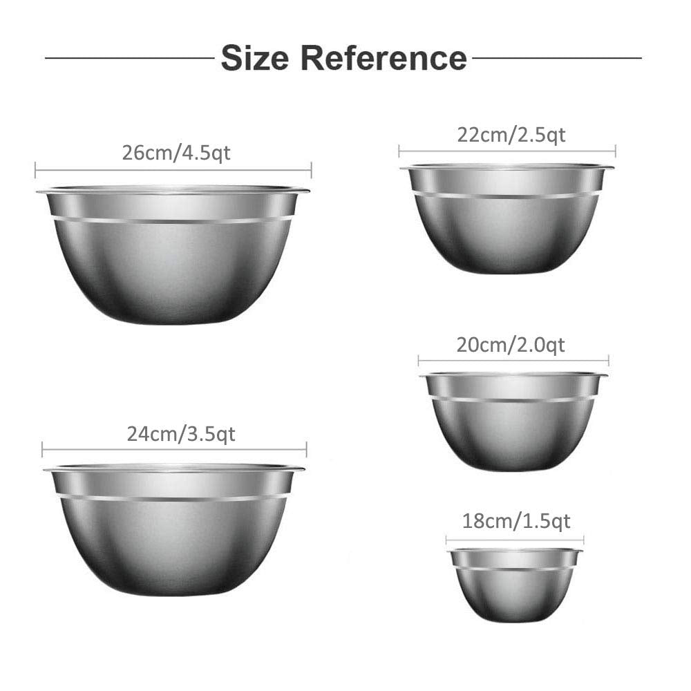 Mixing Bowls with Airtight Lids, Stainless Steel Nesting Bowls Set of 5 for Space Saving Storage, Wide Rim for Easy Grip or Pouring, for Mixing Cooking Baking Prepping and Food Storage