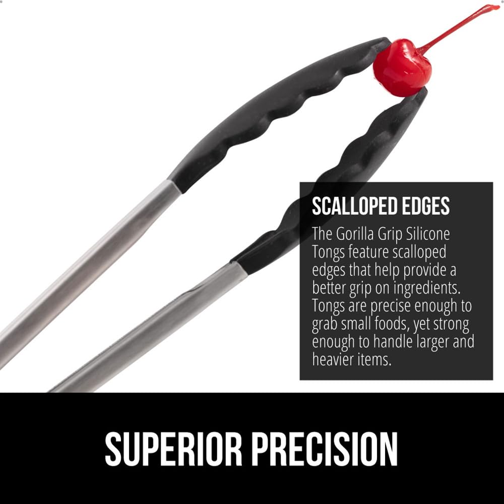 GORILLA GRIP Stainless Steel Silicone Cooking Tongs, Set of 2, Includes 9 and 12 Inch Locking Kitchen Tong, Heat Resistant Tip, Strong Grip for Grabbing Food, Perfect for Nonstick Pans, BBQ, Black