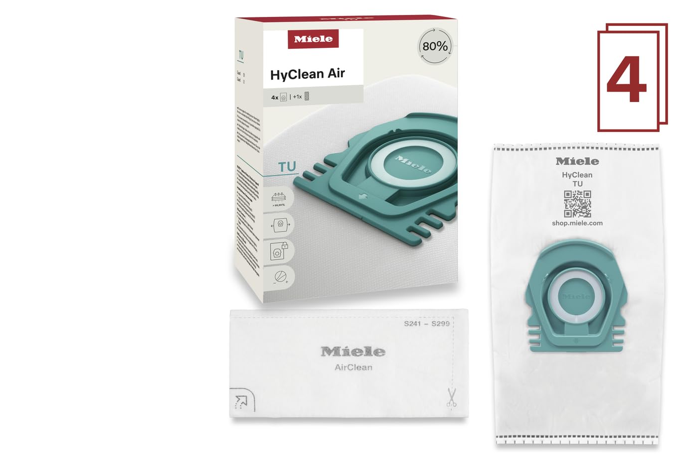 Miele HyClean Air TU Vacuum Cleaner Bags for Miele Guard S1/L1 Vacuum Cleaners, Pack of 4 Vacuum Bags and 1 AirClean Exhaust Filter – 12774420