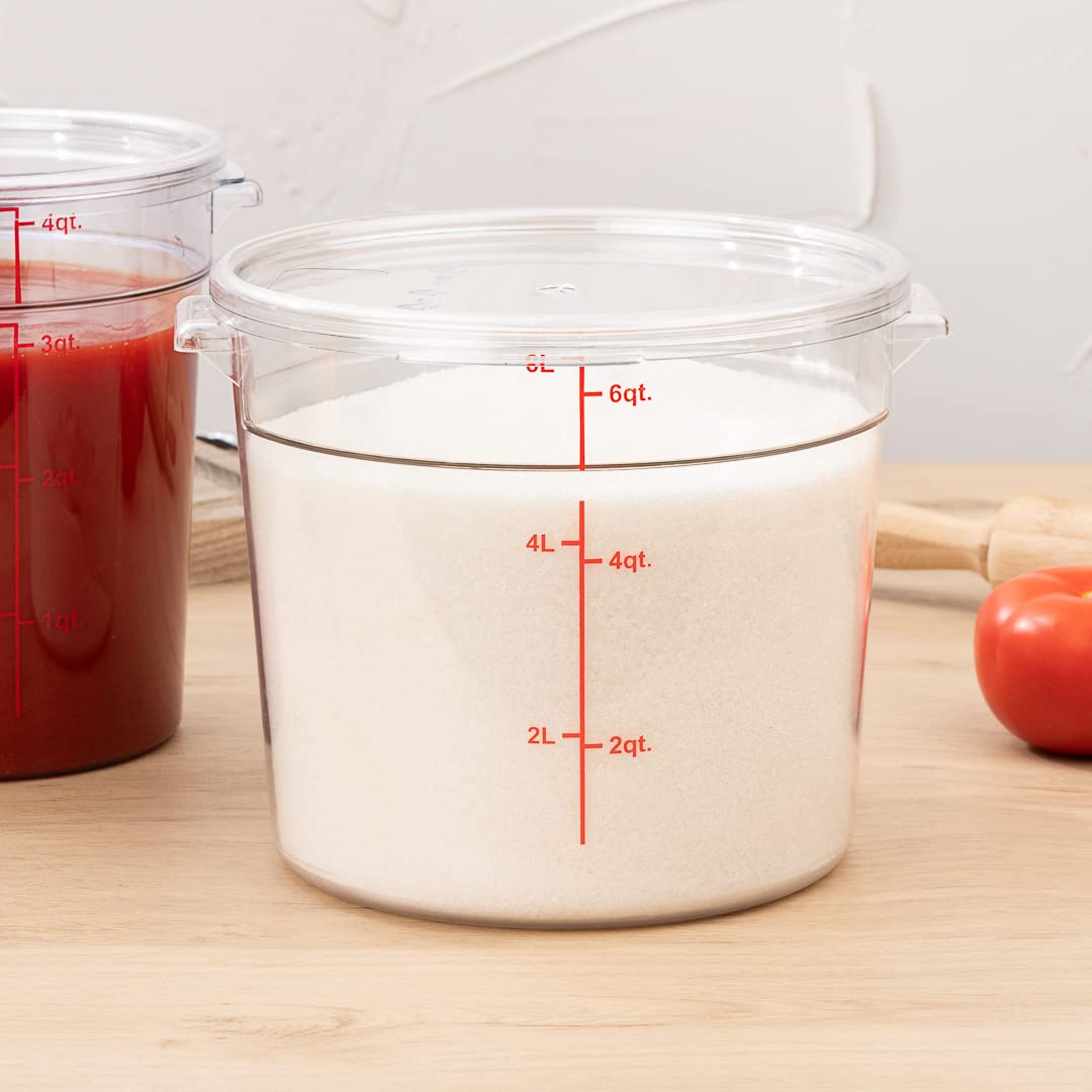Restaurantware-Met Lux 6 Quart Food Storage Container, 1 Round Commercial Storage Container - Lid Sold Separately, with Volume Markers, Clear Plastic Food Prep Bucket, Space-Saving Storage