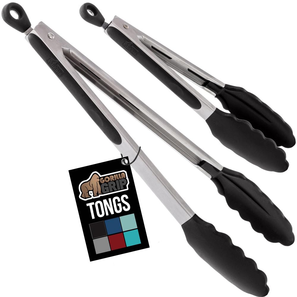 GORILLA GRIP Stainless Steel Silicone Cooking Tongs, Set of 2, Includes 9 and 12 Inch Locking Kitchen Tong, Heat Resistant Tip, Strong Grip for Grabbing Food, Perfect for Nonstick Pans, BBQ, Black