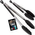 GORILLA GRIP Stainless Steel Silicone Cooking Tongs, Set of 2, Includes 9 and 12 Inch Locking Kitchen Tong, Heat Resistant Tip, Strong Grip for Grabbing Food, Perfect for Nonstick Pans, BBQ, Black