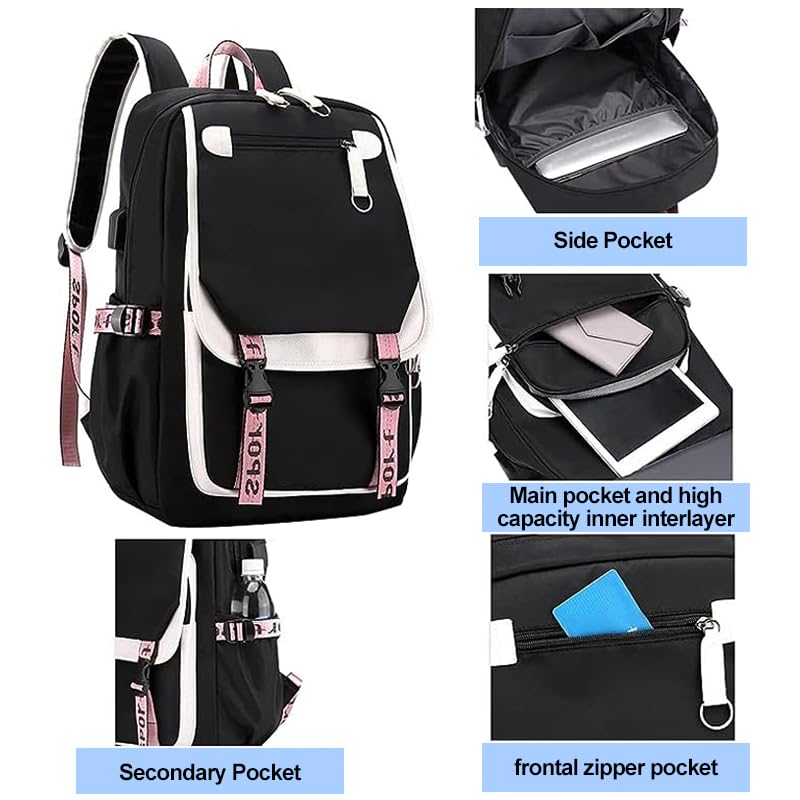 Uplayteck School Backpack 20 Liter Capacity, Black Waterproof with Laptop Compartment | Side Headphone Jack and USB Charging Port | Multiple Pockets | Cute Style for Girls, Kids and Teenagers