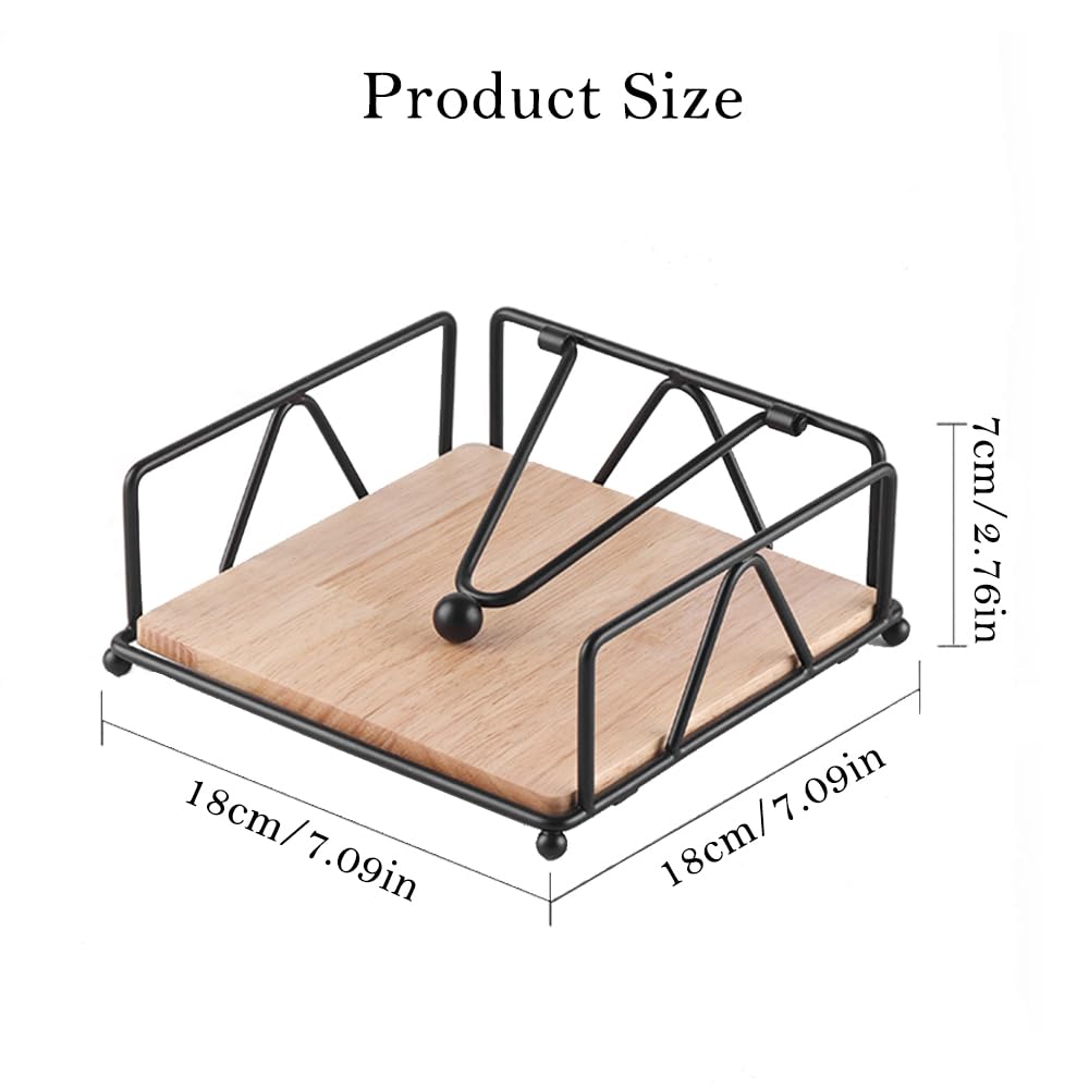 Napkin Holders for Tables, Elegant Flat Cocktail Napkin Holder with Wooden Base, Metal Tabletop Serviette Tray for Kitchen, Countertops, Outdoor Tables (Black)