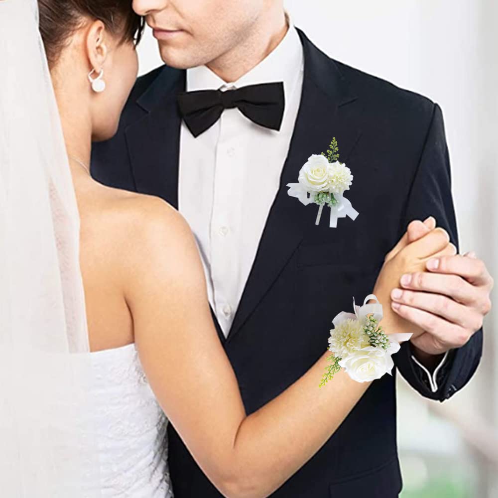 WANLIAN Wrist Corsage,Boutonniere For Men For Prom Wedding Ceremony Anniversary (White)