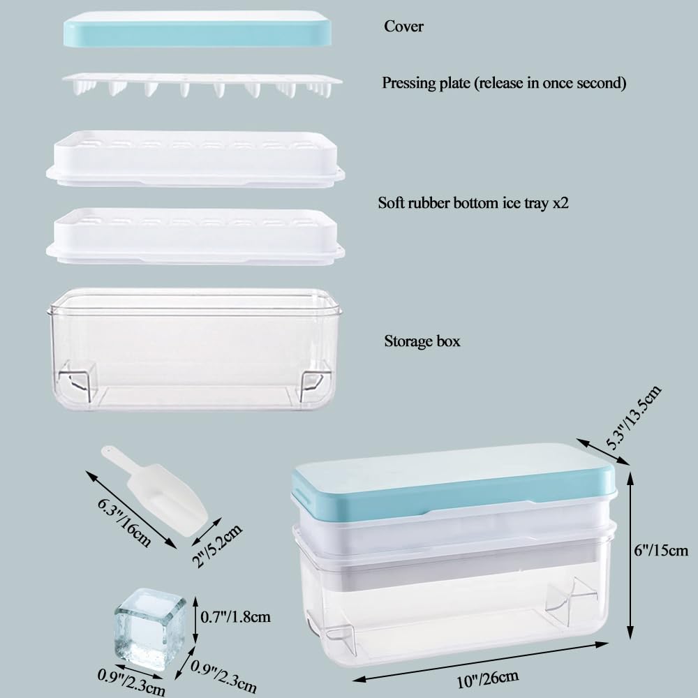 Ninyoon 1 Second Release Ice Cube Tray with Lid and Bin, 2 Tier ice molds Make 64 Ice Cubes Big Capacity Bin for Freezer Including Ice Scoop (Blue)