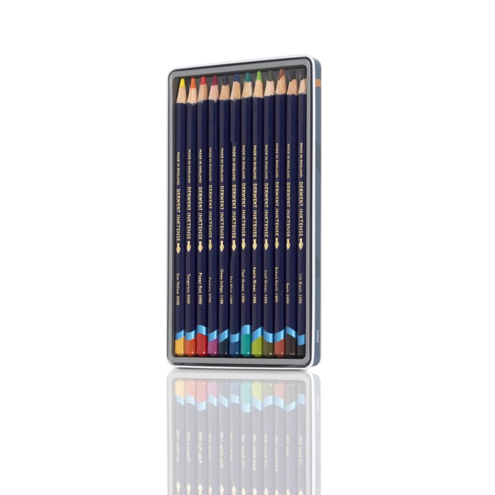Derwent Inktense Pencils Tin, Set of 12, Great for Holiday Gifts, 4mm Round Core, Firm Texture, Watersoluble, Ideal for Watercolour, Drawing, colouring and Painting on Paper and Fabric (0700928)