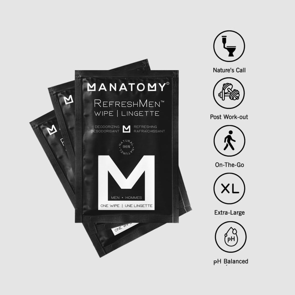 MANATOMY® RefreshMen Wipes, On-the-Go Individually Wrapped Hygiene Wipes, Refreshing and Hydrating Body Wipes with Aloe Vera & Chamomile, Extra-Thick & Large, Designed for Men, Value Pack, 3 X 24ct = 72 Individually Wrapped Wipes Total