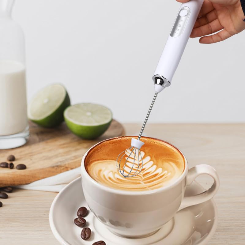 Milk Frother, Handheld Foam Maker, Waterproof Detachable Whisk Drink Mixer USB Rechargeable Blender with Stainless Steel Whisks for Coffee, Matcha, Latte,Egg(White)