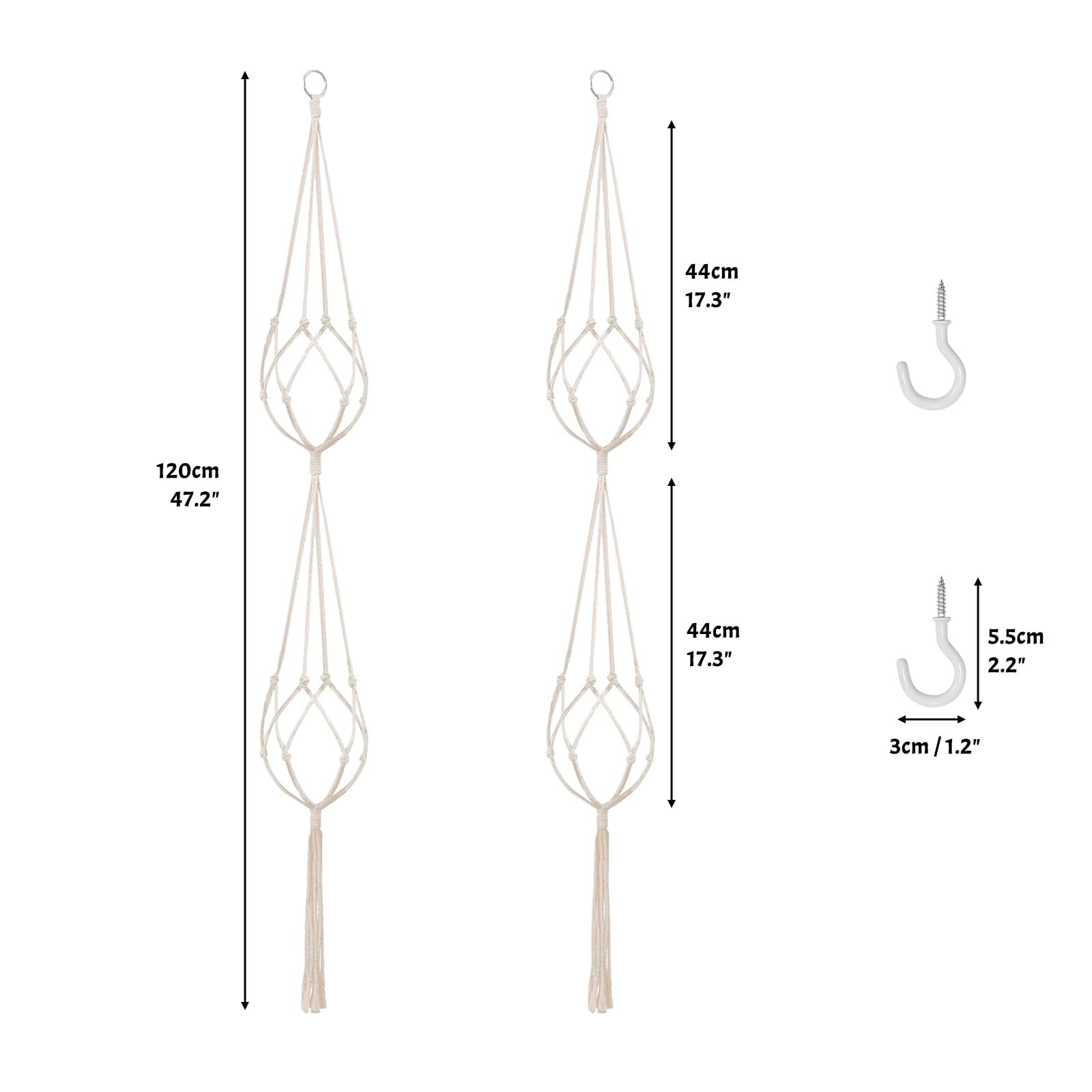 SNAIL GARDEN 2 Tier Macrame Plant Hanger, 2Pack Double Plant Hangers with Tassel Indoor Outdoor Hanging Planter Basket Handmade Cotton Rope Hanging Planters Set with 2Pcs Hooks for Boho Home Decor
