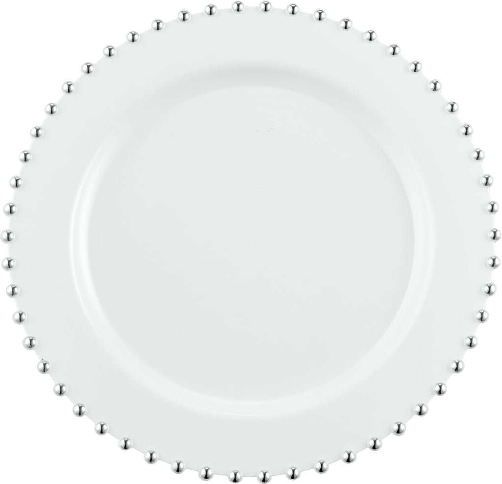 PLASTICPRO 32 Piece Combo Plastic Dinner Plates Disposable Plastic Fancy Heavy Duty Party Dishes 7 inch and 10 inch, White and Silver Beaded