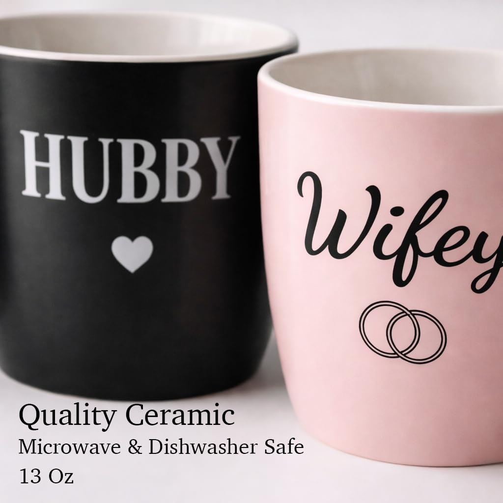 Triple Gifffted Hubby and Wifey Coffee Mugs Set, Mr and Mrs Couples Gift for Wedding, Anniversary, Engagement, Valentines, Christmas Day, His Hers Present for Husband Wife, Newlyweds, 13oz Ceramic