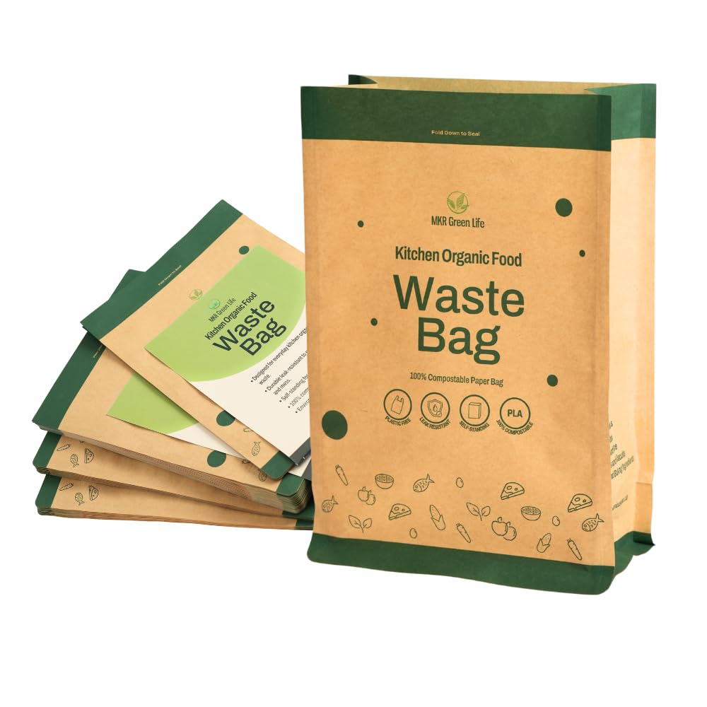 MKR Green Life - Compostable Paper Kitchen Food Waste Bags - 100% Cellulose Leak-Resistant Bin Liners, 35 Count
