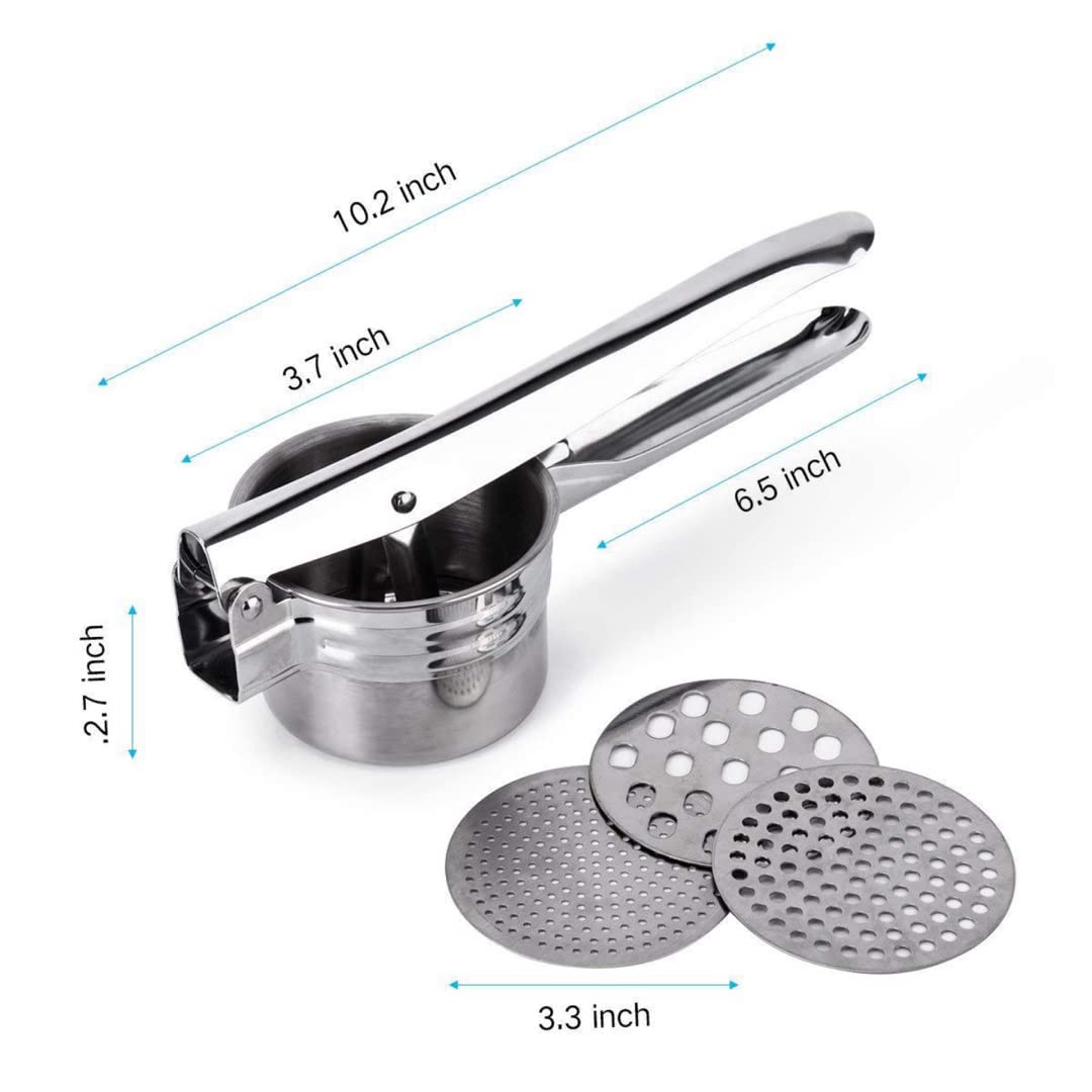 Potato Ricer Stainless Steel Masher, Large Capacity 15oz Potato Masher Kitchen Tool for Smooth Mashed Potatoes, Fruits, Vegetables, Premium Grade Ricer, Juicer, Vegetable Strainer with 3 Ricing Discs