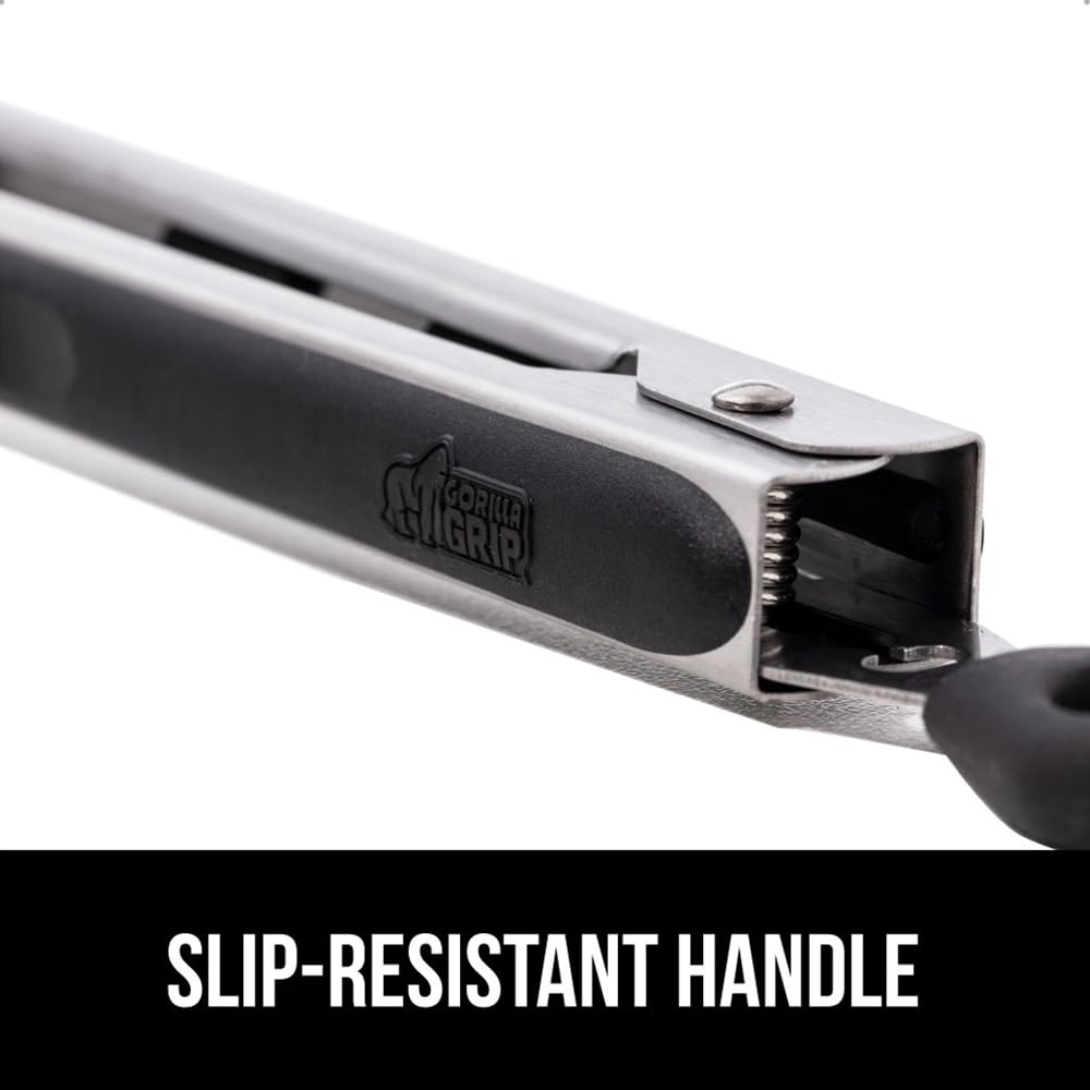 GORILLA GRIP Stainless Steel Silicone Cooking Tongs, Set of 2, Includes 9 and 12 Inch Locking Kitchen Tong, Heat Resistant Tip, Strong Grip for Grabbing Food, Perfect for Nonstick Pans, BBQ, Black