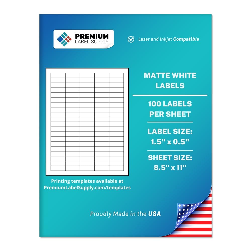 Premium Label Supply White Sticker Barcode Labels – 1.5" x 0.5" – Laser/Inkjet Compatible – (100 per Sheet), 25 Sheets – 2,500 Total Adhesive Labels