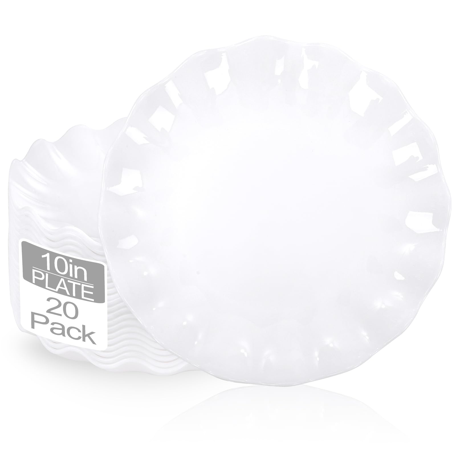 LIYH White Plastic Plates, 20 Pieces, Reusable, Unbreakable, Scalloped, Microwave & Dishwasher Safe 10 Inch