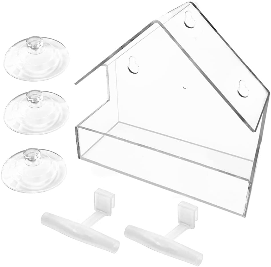 WLLKOO Window Bird Feeder 2 Pack, Bird House for Outside with 4 Rod, Small Acrylic Window Bird Feeder with Strong Suction Cups and Drain Holes 5.9 * 2.4 * 5.9 inch