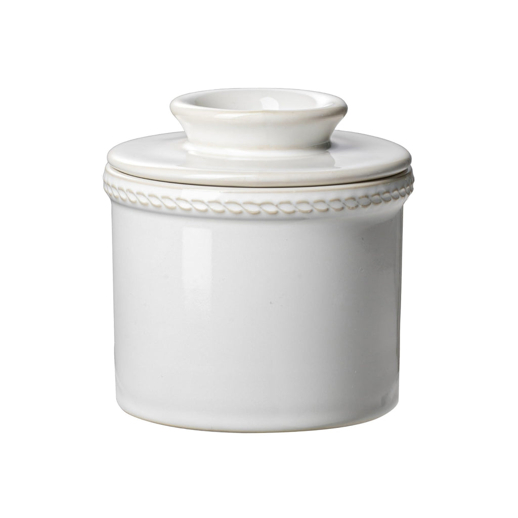 JERSINWEI Butter Crock with Lid, French Butter Dish for Countertop, Ceramic Butter Keeper Keeps Butter Soft & Spreadable Without Refrigeration, Vintage Kiln Glaze White Design, 8 oz / 230 ml