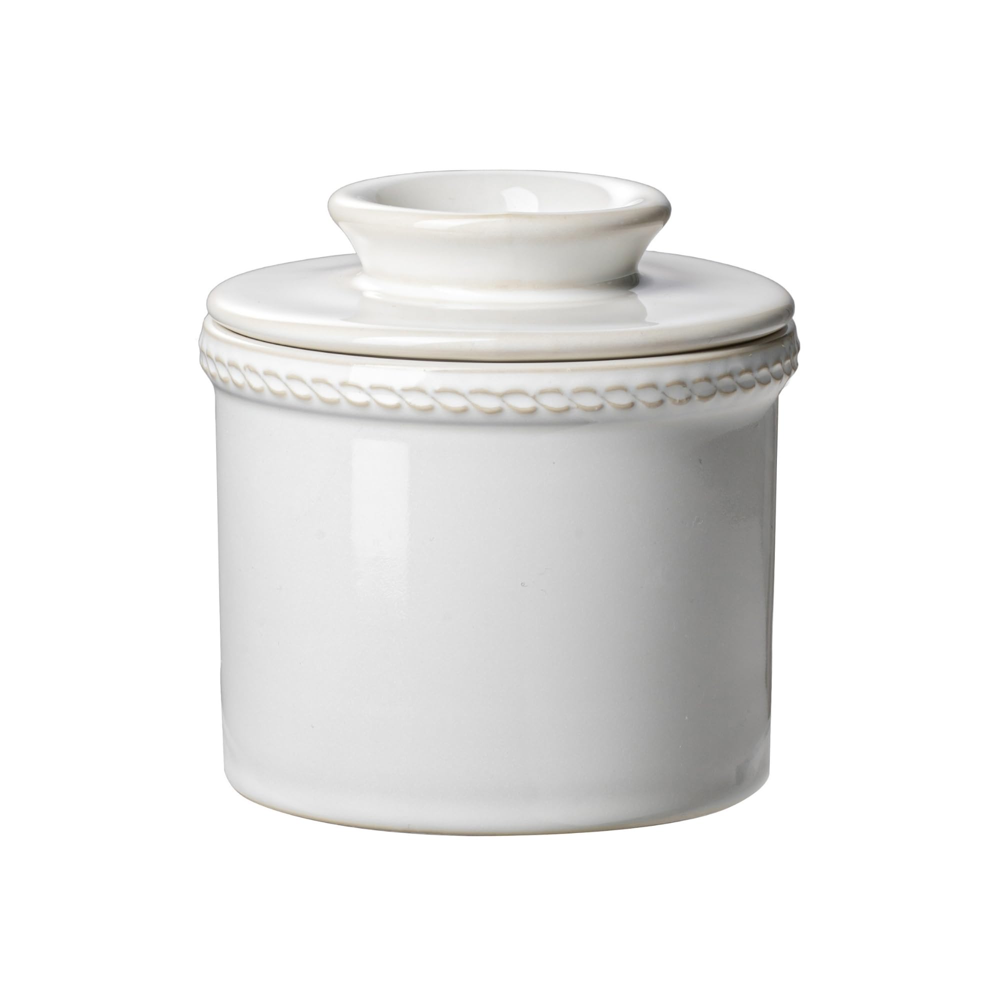 JERSINWEI Butter Crock with Lid, French Butter Dish for Countertop, Ceramic Butter Keeper Keeps Butter Soft & Spreadable Without Refrigeration, Vintage Kiln Glaze White Design, 8 oz / 230 ml