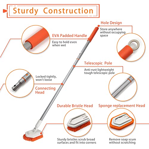 JEHONN Shower Scrubber 2-in-1 Tub and Tile Cleaning Brush with Long Handle, Detachable Stiff Bristle Scrub Brush and Sponge Head for Bathroom, Bathtub, Floor