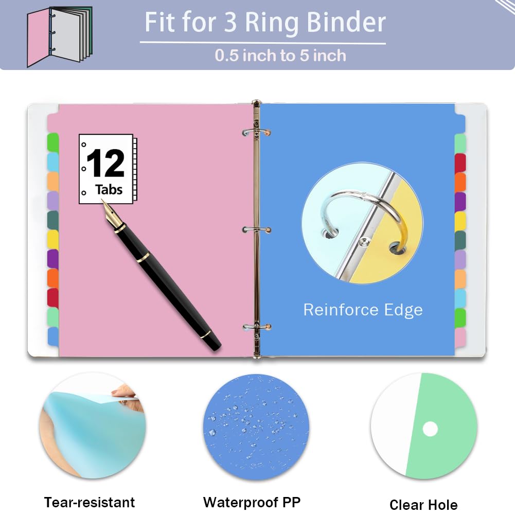 XHSHENG 12-Tab Dividers for 3 Ring Binder,Plastic Biner Dividers with Tab, Monthly Divider Sets, 12 Tabs, Jan-Dec,File tabs,Multicolor,3 Sets
