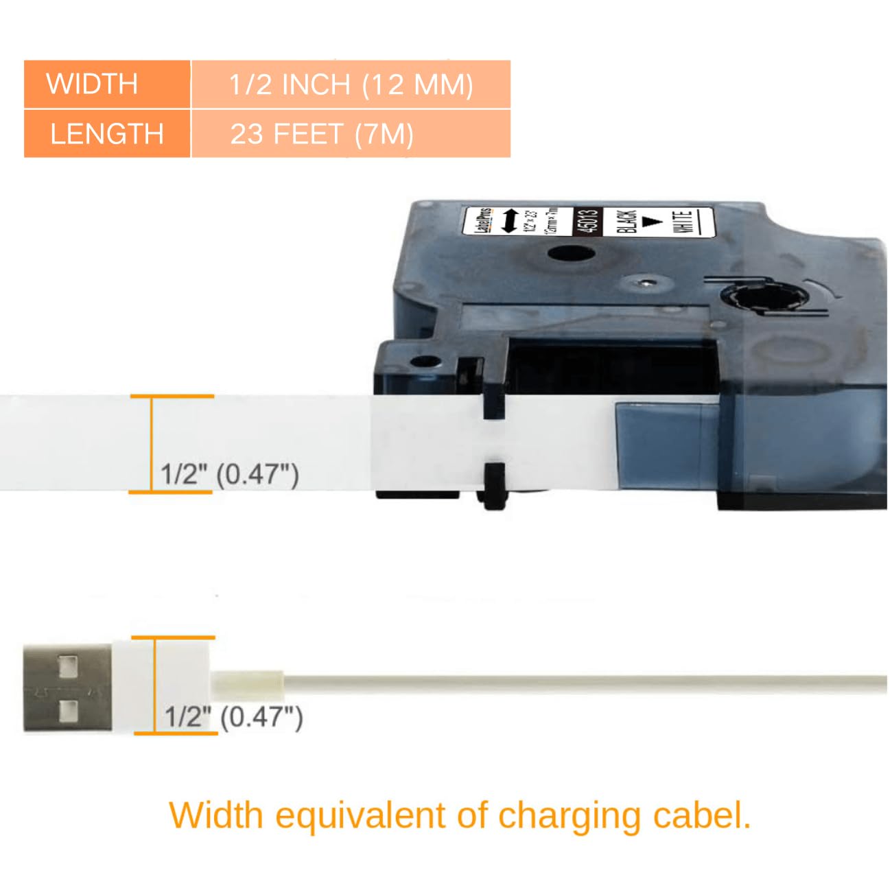 Replace DYMO D1 Label Tape 45013 S0720530 D1 Refills Compatible for DYMO LabelManager 160 280 420P PnP 220P 360D 450 210D, 1/2” W x 23’ L, 12mm x 7m, Black on White, 5 Refills