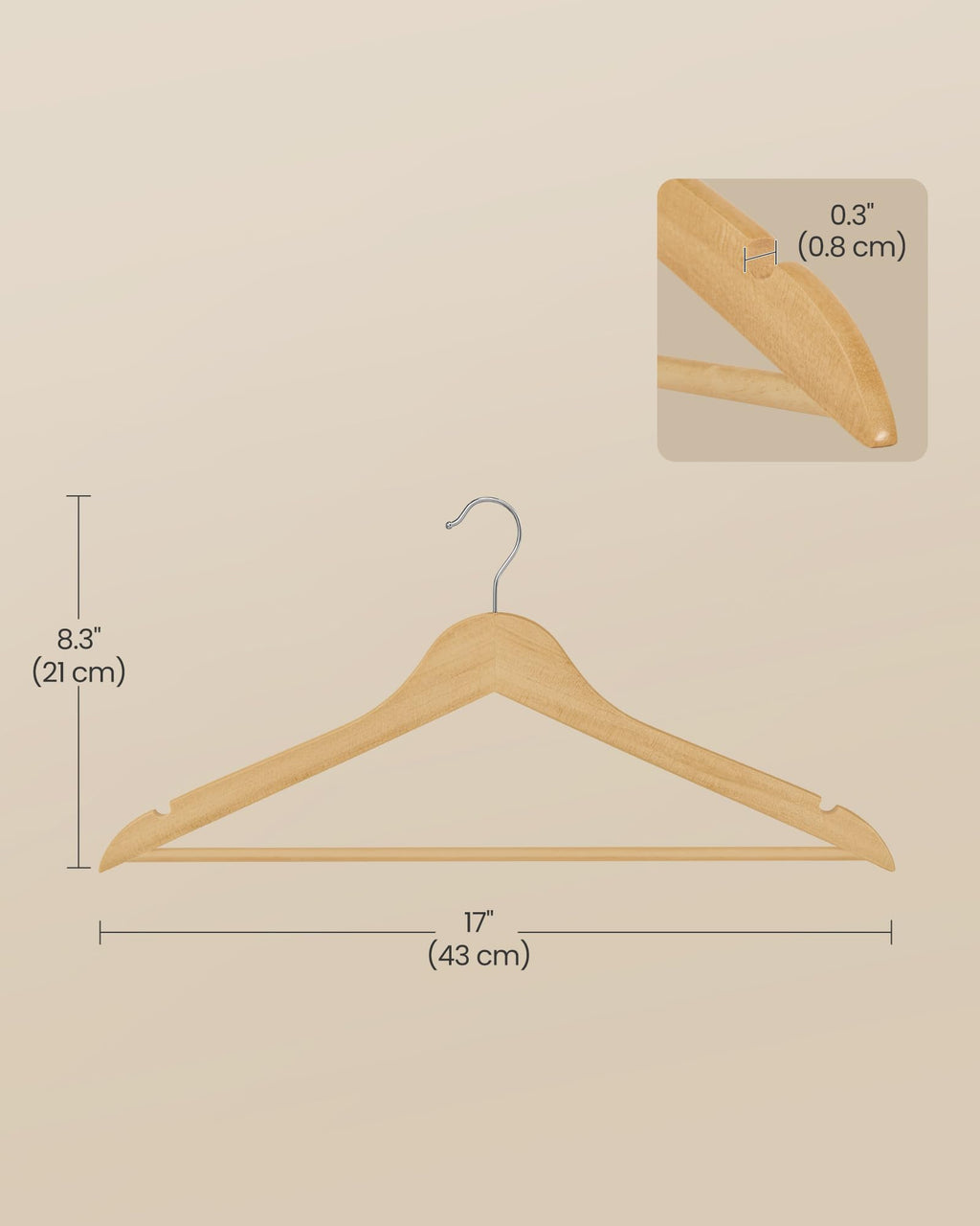 SONGMICS Wooden Hangers, Coat Hangers, Pants Bar, 360° Swivel Hooks, Solid Birch Wood, Space-Saving, for Jackets, Shirts, Coats, Pack of 30, Natural Beige UCRW030K01