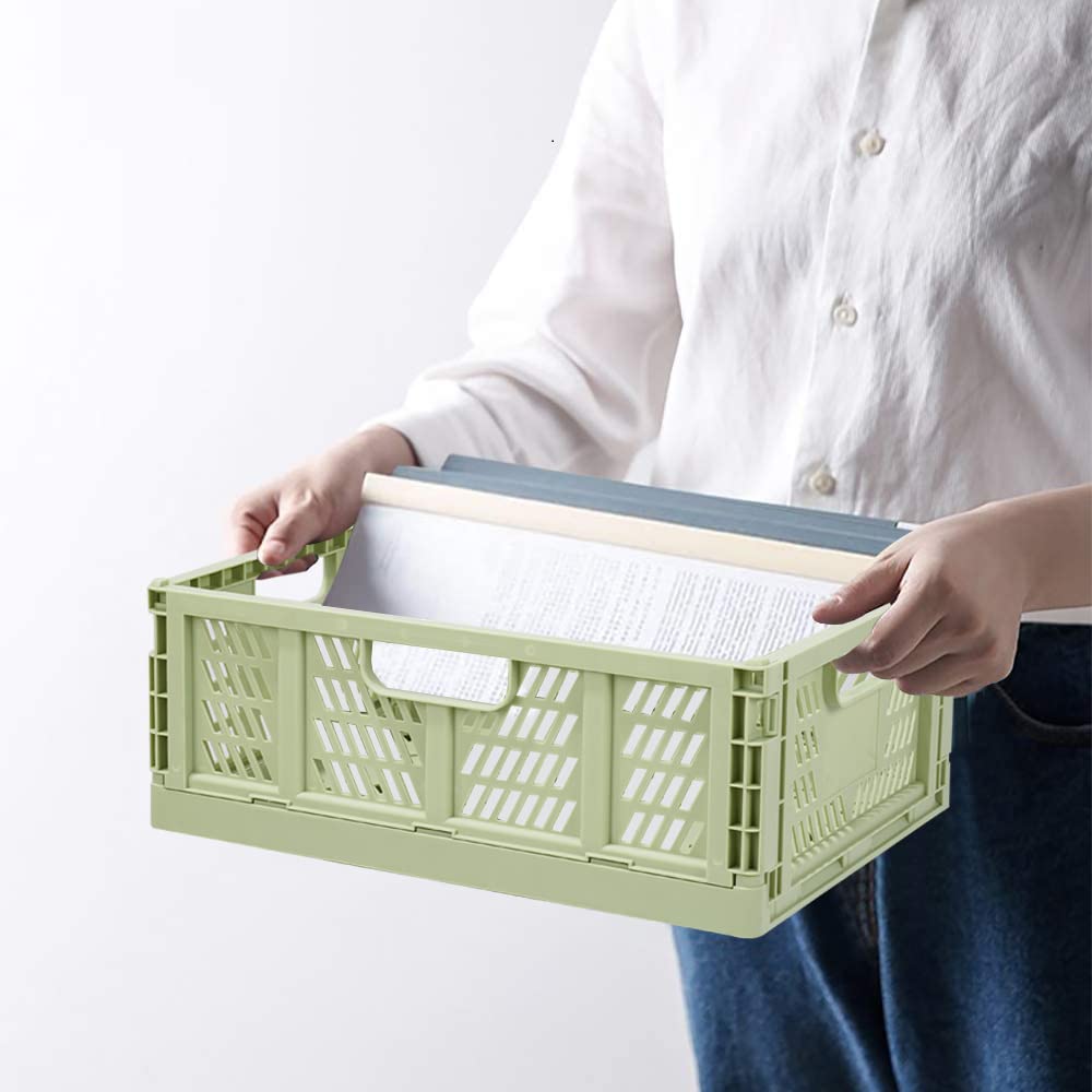 Asiulalt 4 Pack Plastic Storage Bin, Stackable Storage Container Crate with Handle, Collapsible Storage Basket for Organizing Home Office Shelves Closet Nursery (Green,13.3"x10.2"x5.1")