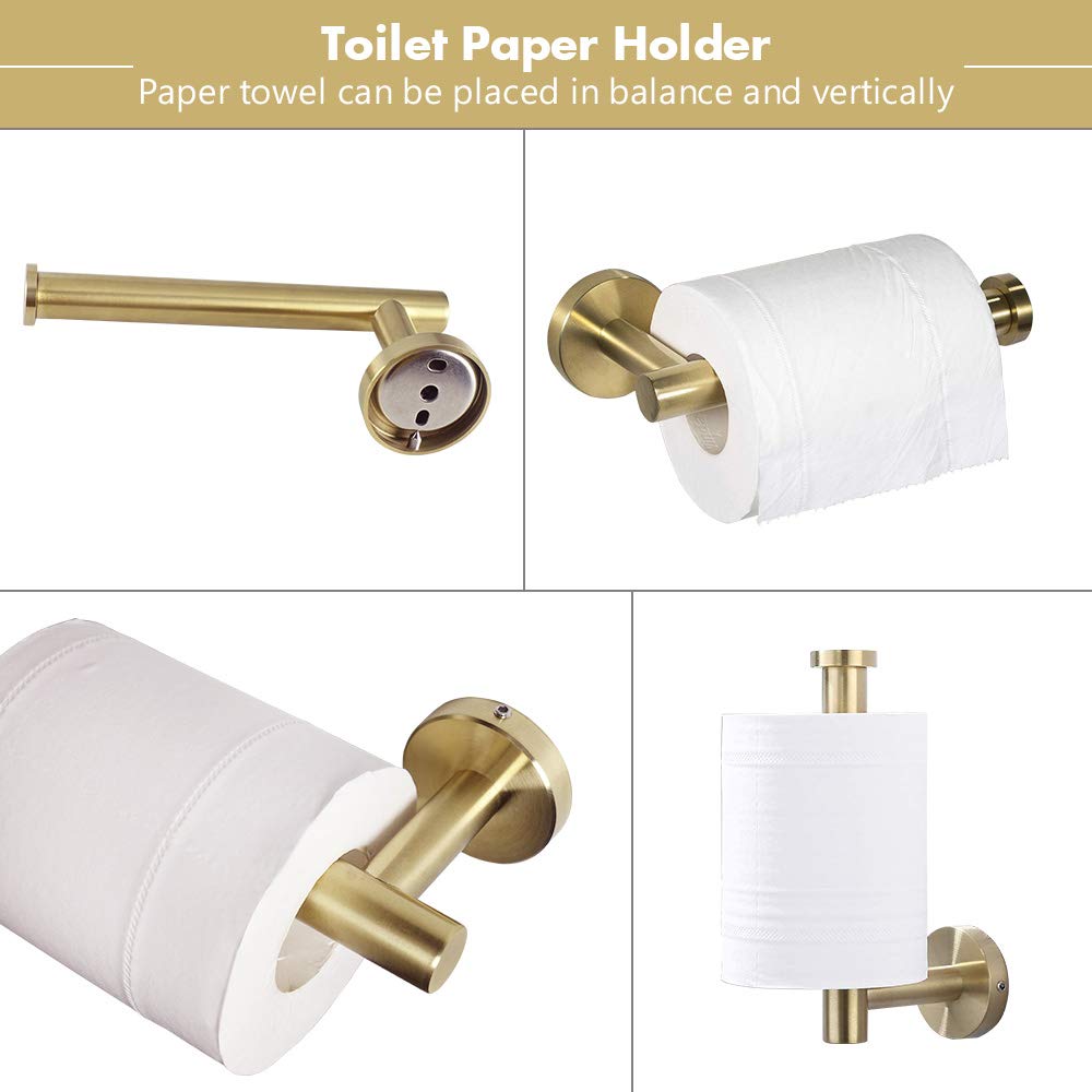 TocTen Bathroom Hardware Set SUS304 Stainless Steel-Towel Rack Set Include Hand Towel Bar+Toilet Paper Holder+3 Robe Towel Hooks Bathroom Accessories Towel Bar Set (Brushed Gold, 5 Pcs 16 Inch)