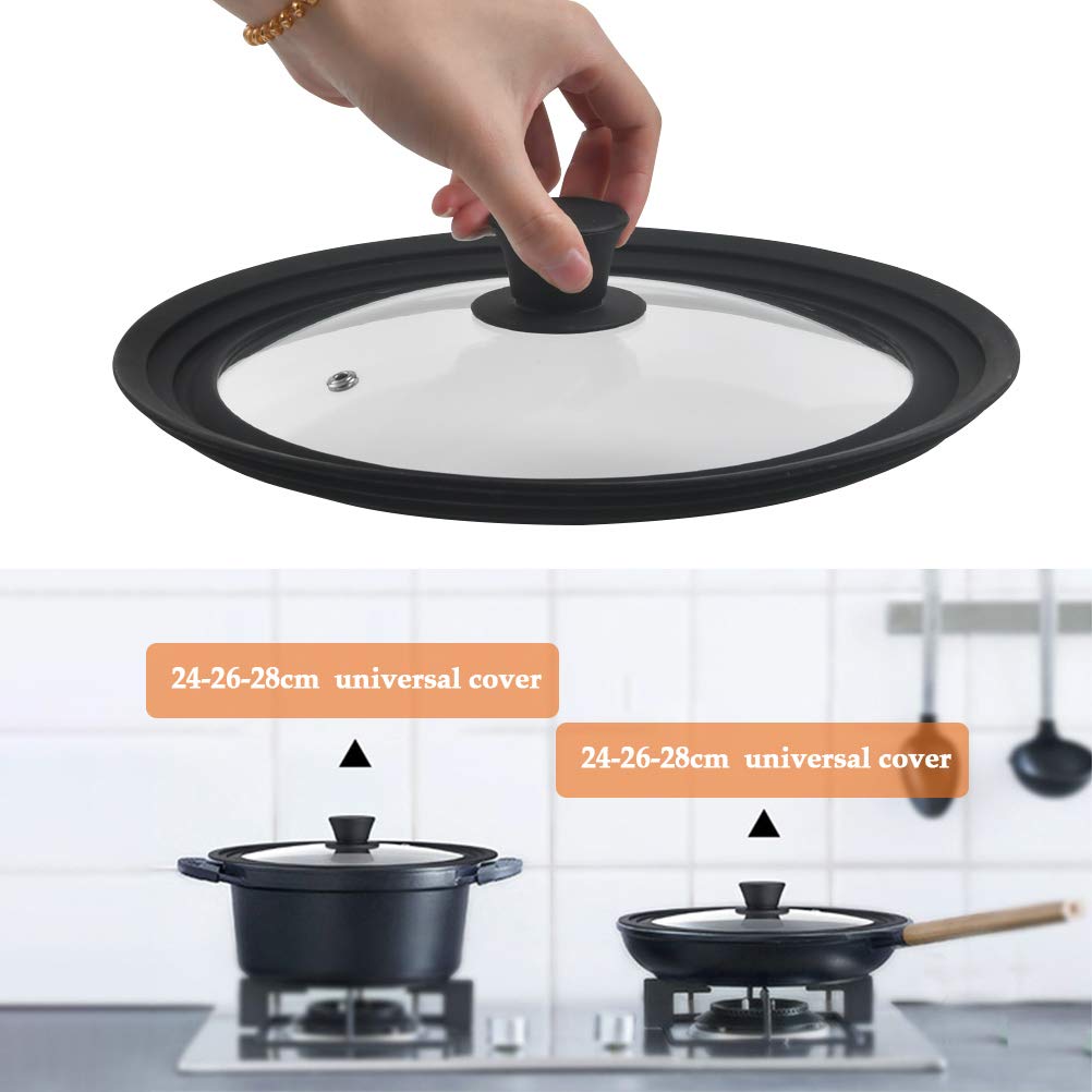 TIMESETL Universal Lid for Pots, Pans and Skillets, Anti Scalding Tempered Pot Lid with Heat Resistant Silicone Rim Fits Sizes 24/26/28cm Diameter Cookware, Black