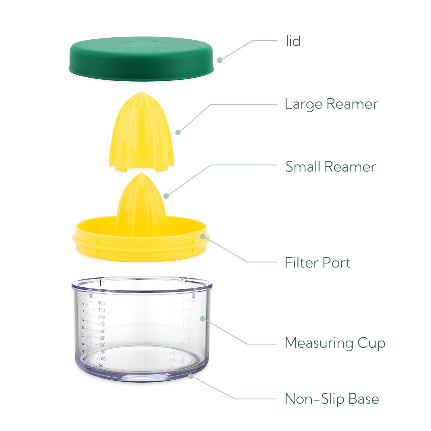 KITCHENDAO 2 in 1 lemon squeezer with lid for Sanitary Storage, Manual Hand Squeezer with Built-in 16OZ Measuring Cup, Multi-function Manual Citrus Juicer with Reamers and Non-Slip Base, BPA Free