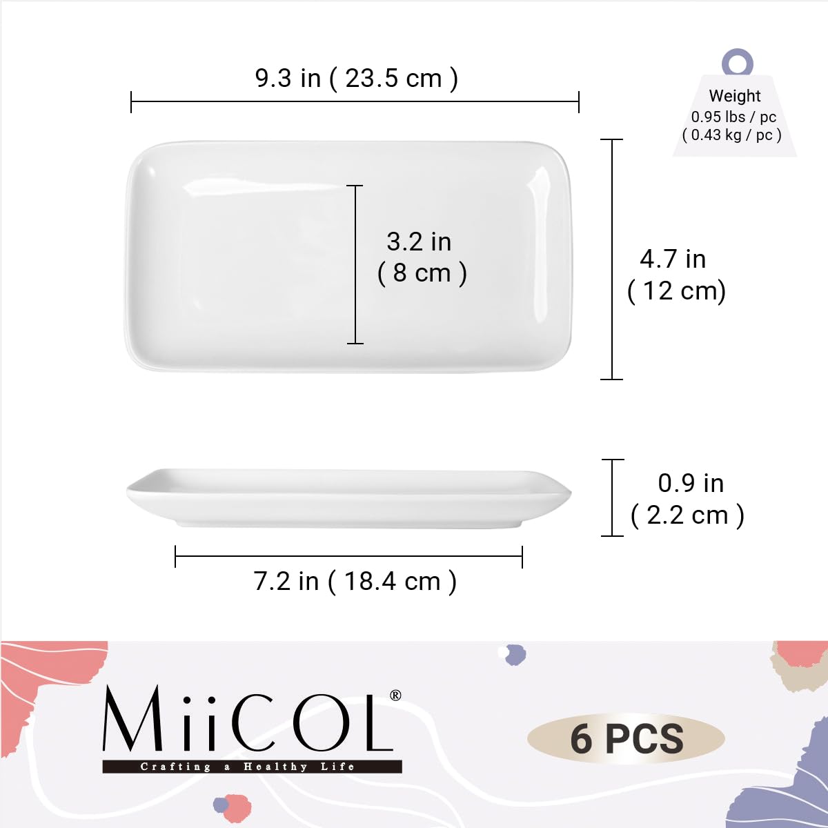 Miicol Small Platters Set of 6, Ceramic Rectangle Plates 9 Inch / 23 cm, Modern Sushi Plate Set, White Serving Dishes for Serving Food, Appetizer, Dessert, Dinner, Party