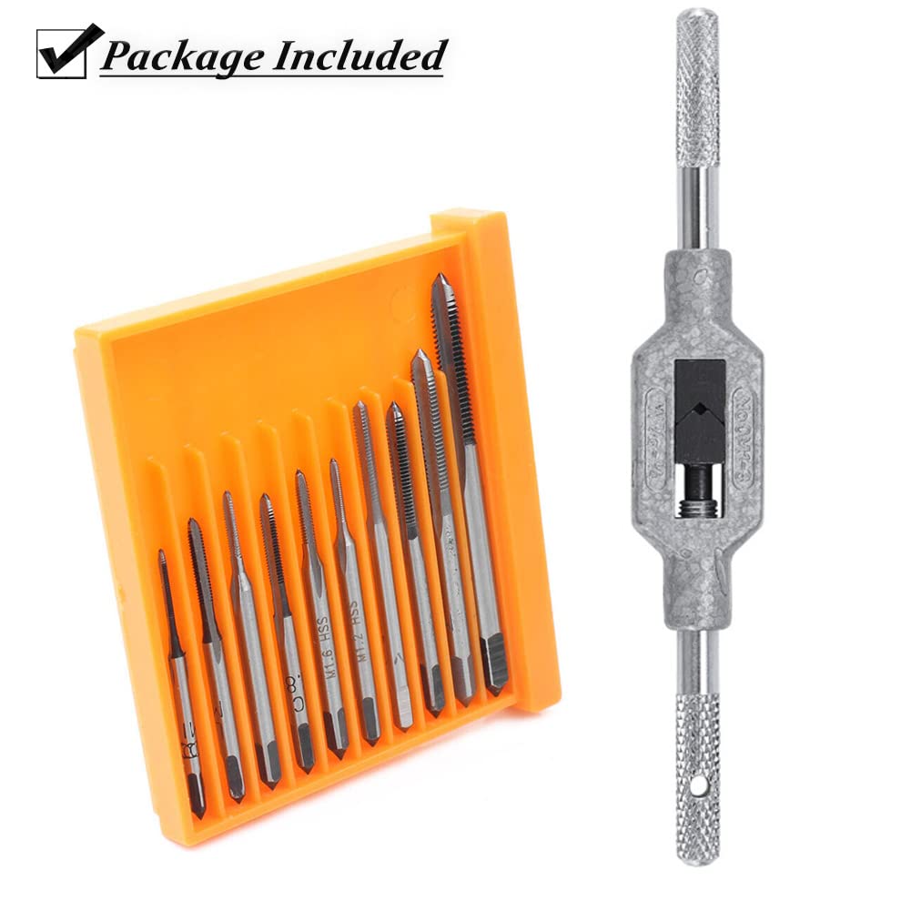 Saipor 10pcs Micro Taps Bit Small Hand Screw Thread Taps M1-M3.5 HSS Mini Metric Plug Tap Screw Tap Drill Tap Drill Set Tapping Tool with Adjustable Tap Wrench 1/16-1/4''
