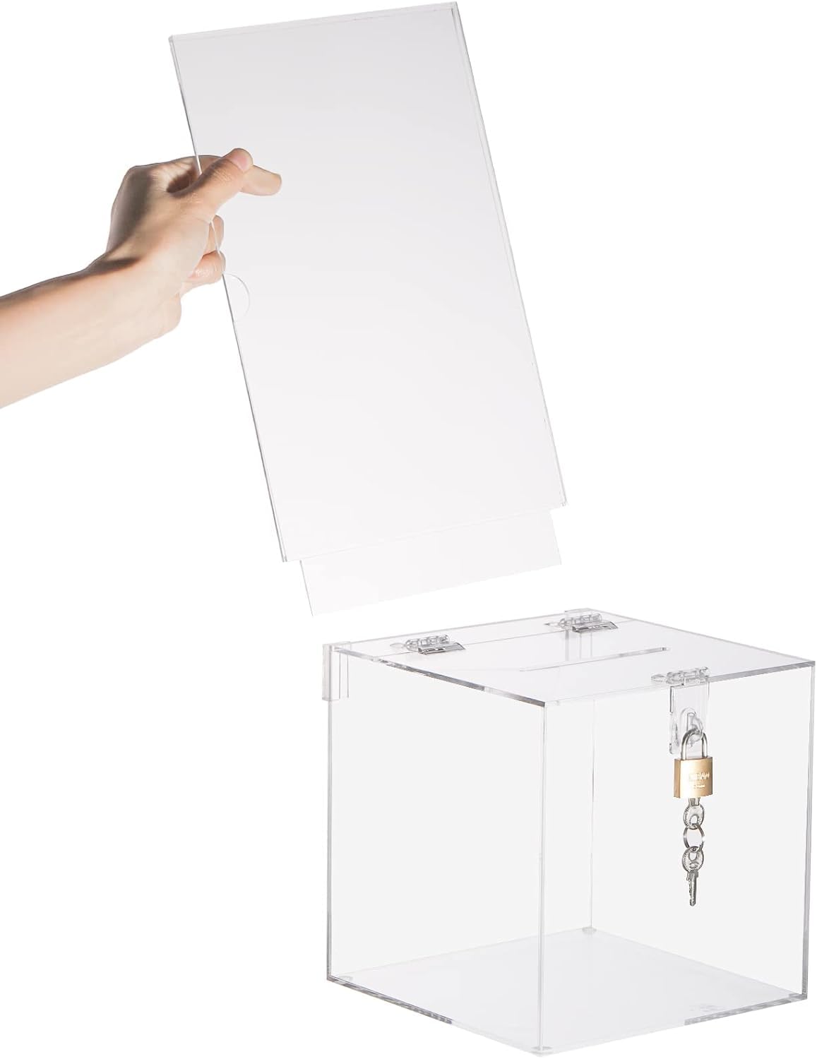 YOUEON Square Acrylic Donation Box with Lock, 7x7x7 Inch Clear Suggestion Box with Slot and Lock, Ballot Box with Sign Holder, Tip Box, Vote Box, Comment Box for Voting, Charity, Fundraising