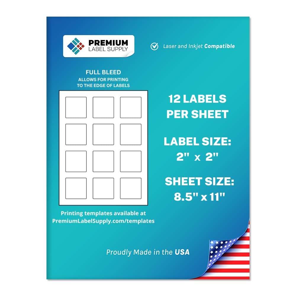 Premium Label Supply White Sticker Square Labels with Bleed – 2" x 2" – Laser/Inkjet Compatible – (12 per Sheet), 100 Sheets – 1,200 Total Adhesive Labels