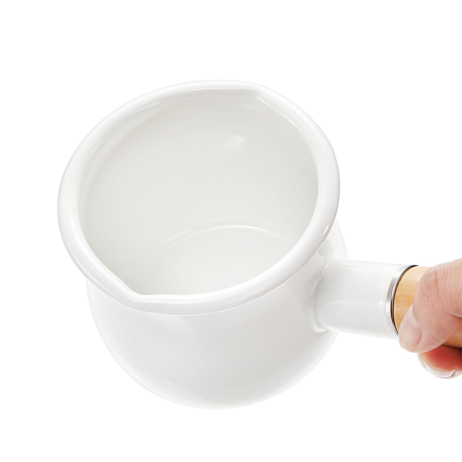 DEAYOU Enamel Milk Pot, 0.6 Quart Mini Butter Warmer Saucepan with Insulated Wooden Handle and Dual Pour Spout, Nonstick Small Soup Pot for Stove Top, Home, Kitchen, Cooking, Heating, Boiling, 18 Oz
