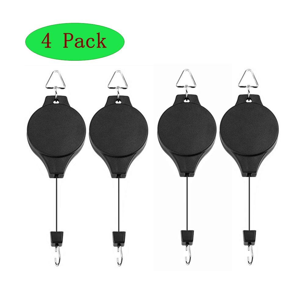 4 Pack Plant Hook Pulley, Retractable Plant Hanger Easy Reach Hanging Flower Basket for Garden Baskets Pots and Birds Feeder Hang High up and Pull Down to Water Or Feed (4) (Black, 4)
