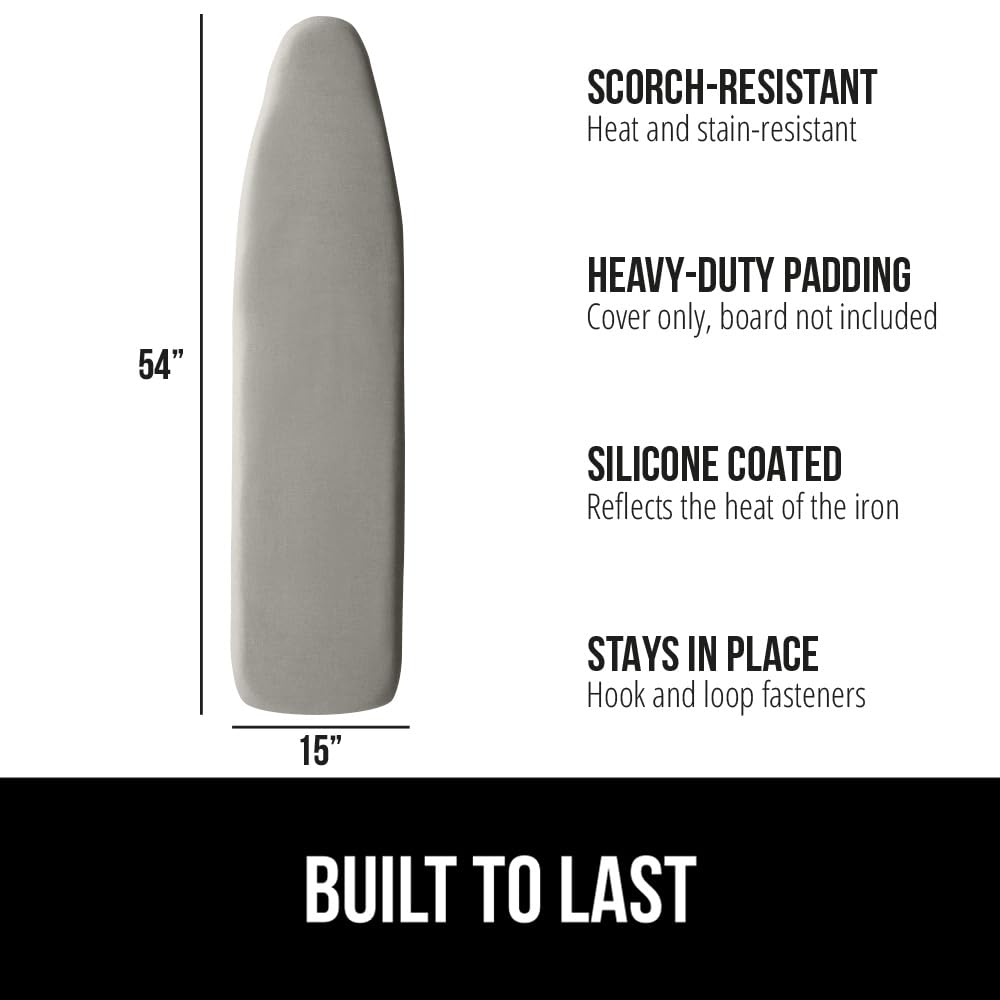 GORILLA GRIP Reflective Silicone Ironing Board Cover, Resist Scorching and Staining, 15x54 Inch, Hook and Loop Fastener Straps, Pads Fit Large and Standard Boards, Elastic Edge, Thick Padding, Silver