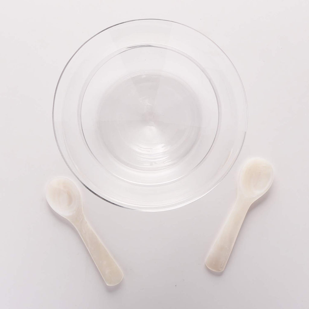 DUEBEL Glass Caviar Chiller Server Set Plus 2 pcs. x Mother of Pearl Caviar Spoon 3.15" - Universal Martini, Wine, Liquor Cocktail Chiller
