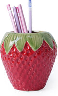 Ceramic Pen Holder, Cute Pen Holder for Desk, Pen Stand Makeup Brush Holder for School, Home, Office(Strawberry)