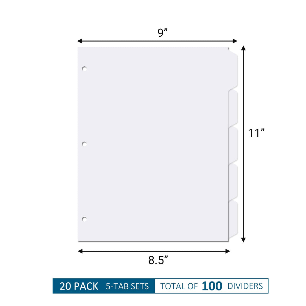 suituts 20 Pack Binder Dividers with 5 Tabs, Dividers for 3 Ring Binder, Blank Write On Binder Dividers, 3 Hole Punch Index Dividers, 100 Dividers, Letter Size (White)